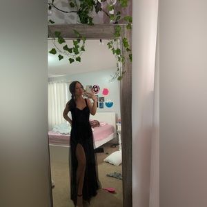 black corset top with flowy bottom, prom dress